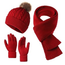 Hat Scarf and Gloves Set Ladies, Winter Beanie Hat for Women with Pom Pom Fleece