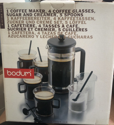Vintage Bodum Bistro set Coffee press sugar & creamer 4 coffee glasses