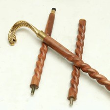 Serpent Handle Walking Stick Handmade Spiral Wood Cane with Brass Snake Head Men