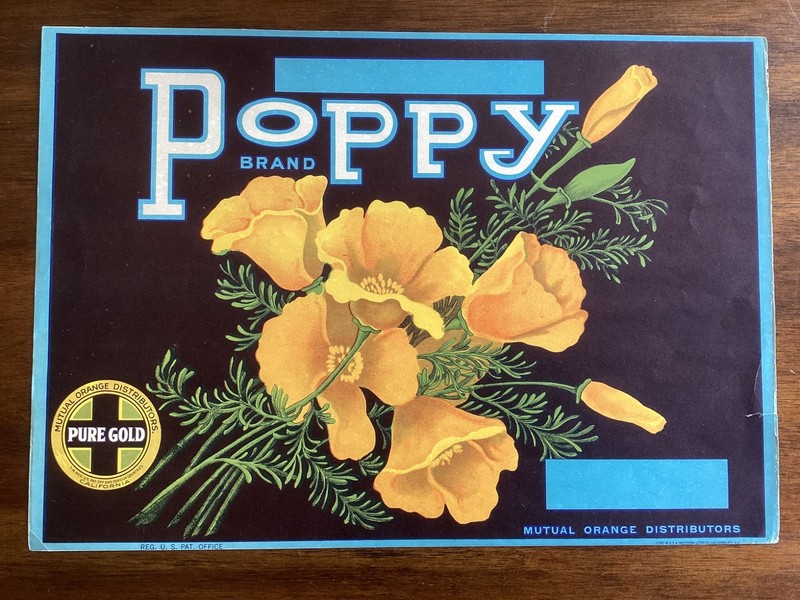 Vintage ORIGINAL Crate Label 1941 Poppy Brand Floral California State Pure Gold