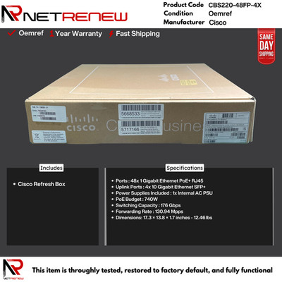 Refresh Cisco CBS220-48FP-4X 48 Port  PoE+  Smartnet Eligible Switch  Managed