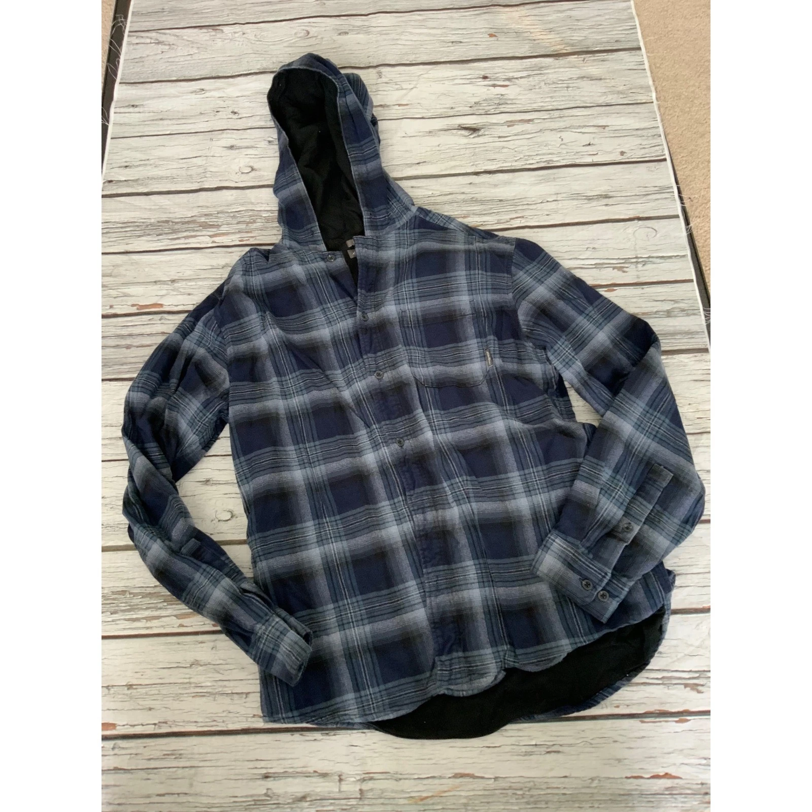 Eddie Bauer Mens Blue Black Plaid Hooded Flannel Shirt Classic Fit Large L
