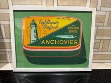 Anchovies Can Wall Art – White 14" x 11" Box Frame – Pop Art Style Kitchen Decor