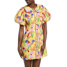 GIGIO Mini Dress Womens Large Yellow Floral Print Collared Clown Core Maximalist