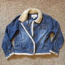 Cherokee Medium Blue Denim Sherpa Trim Jean Jacket button Front Pockets Unlined