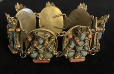 Antigua pulsera de Buda Nepalí Tibetano de Latón con Coral y Turquesa k