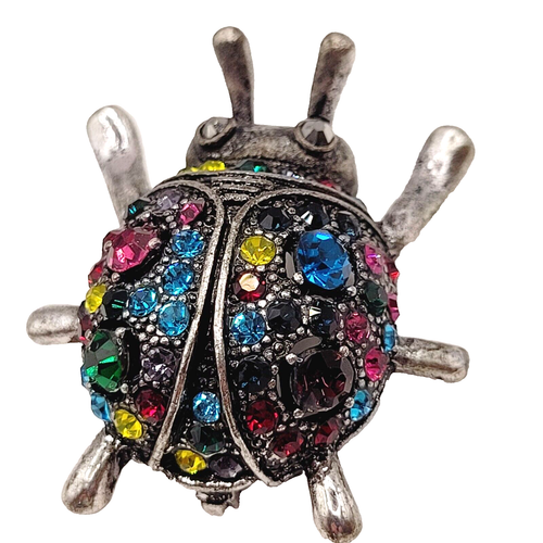 Vintage BEETLE BUG Ladybug Brooch Pin with Multi Colored Faceted Rhinestones - Picture 4 of 15