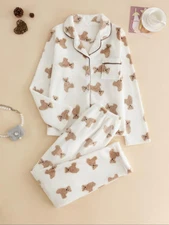 Two-Piece Set Women'S All over Cartoon Bear Print Lapel Collar Top & Elastic Wai