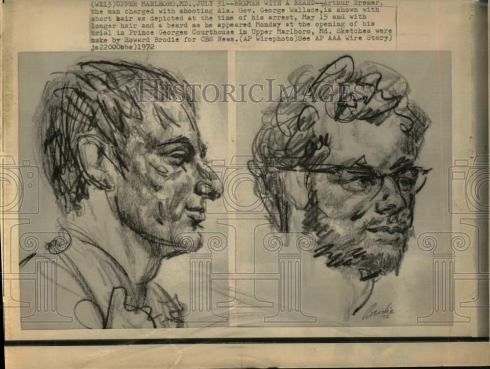 1972 Press Photo Sketches of shooting suspect Arthur Bremer arrested in Maryland