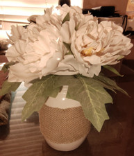 Flowers in White Mason Jar Vase. "BLESSED" in Burlap 8 in. Total Height