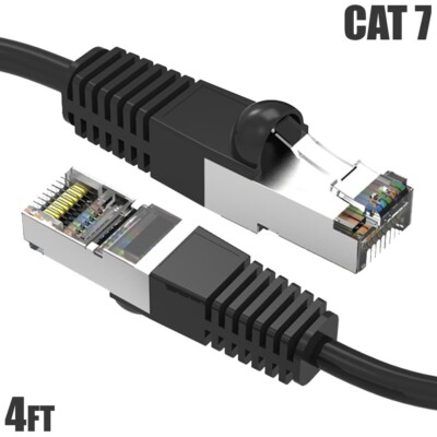 4FT Cat7 RJ45 Network LAN Ethernet SSTP Patch Cable Shielded Copper 600MHz Black