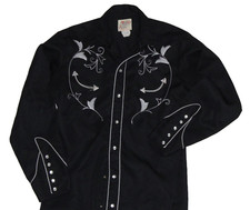 H Bar C California Ranchwear Black Shirt  Long Tail 5 Pearl Snap Cuff Embroider