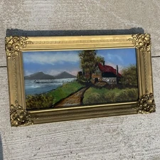 Antique Barn Cottage Lake Mountains Reverse Painting On Glass Gold Gilt Frame LN