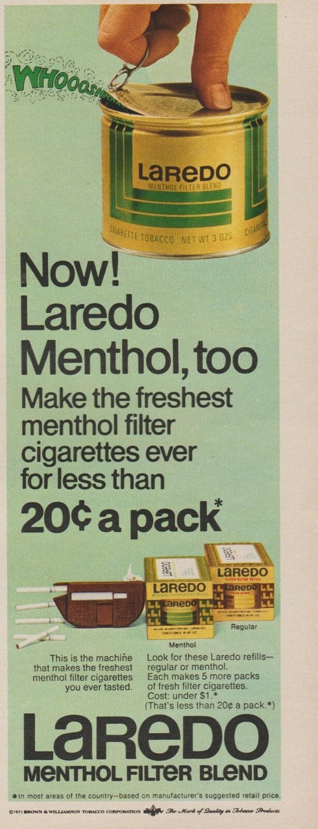 1971 Laredo Cigarette Tobacco - Menthol Filter Blend Rolling