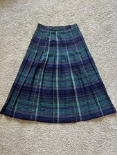 VTG Marlene s Wool Blend Plaid Navy Blue Pleated Midi Skirt Size 7/8 USA Made