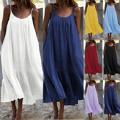 Damen Träger langes Kleid Sommer Strand locker locker locker langes Shirtkleid - - Bild 2 von 30