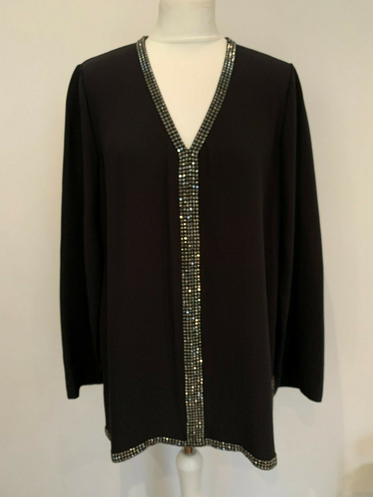 Tory Burch Blouse Tunic Size 16 Black V Neck Crystal Embellishments