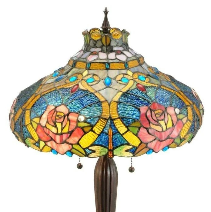 Mesa Estilo Tiffany Libélula Rosa Motivo Floral Luz Viejo Mundo Lámpara Arte Vidrio Foto 2 de 3