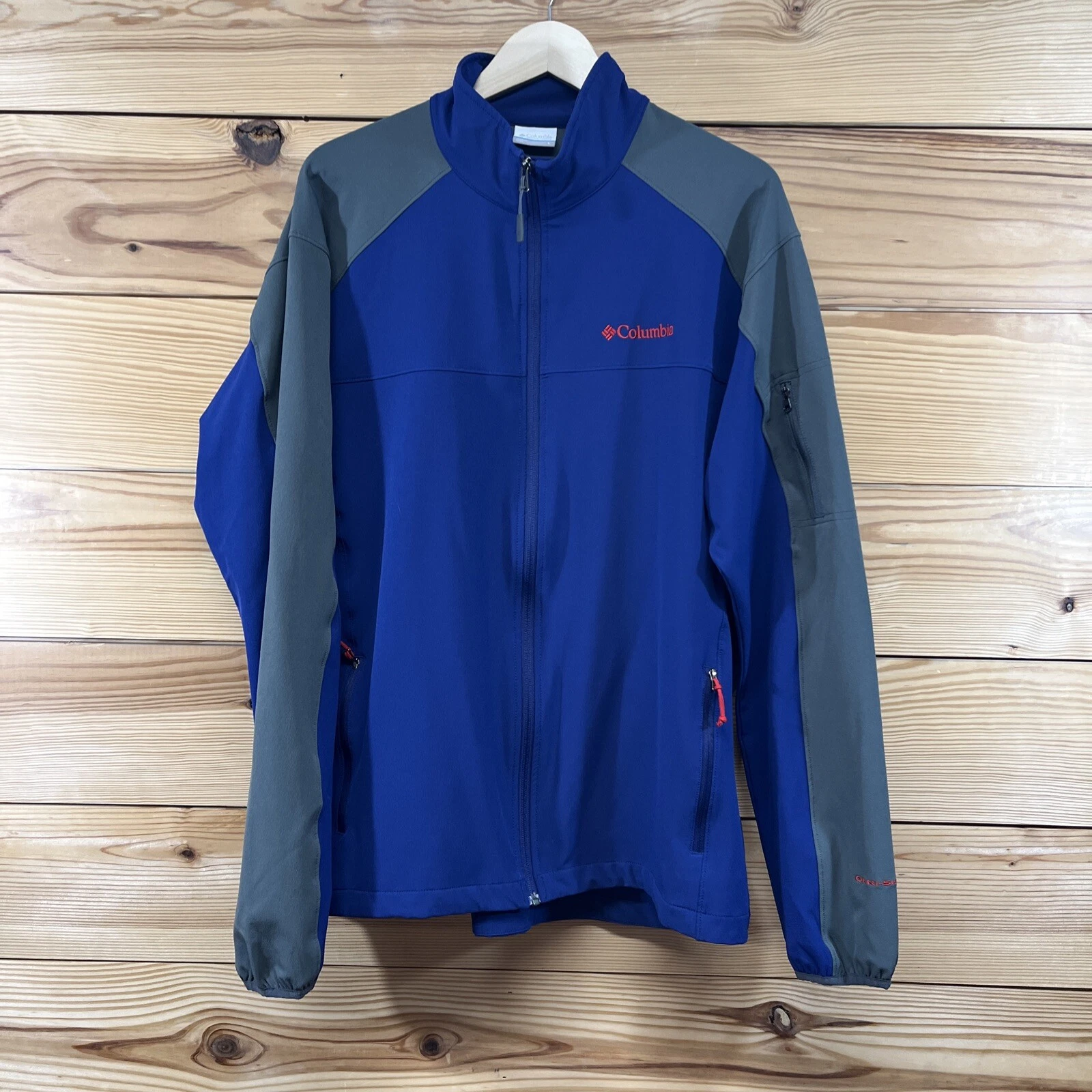 Columbia Men’s Jacket Large Stretch Full Zip Blue Gray Red Embroidered Logo B127