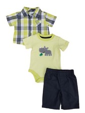 Infant Boys 3 Piece Baby Outfit Green  Gray Plaid Shirt Pants  Rhino Bodysuit