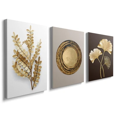 prinfantasy 3 Pcs Wooden Framed Canvas Wall Art Caramel Gold Leaves Canvas Pr... - Image 1 of 4