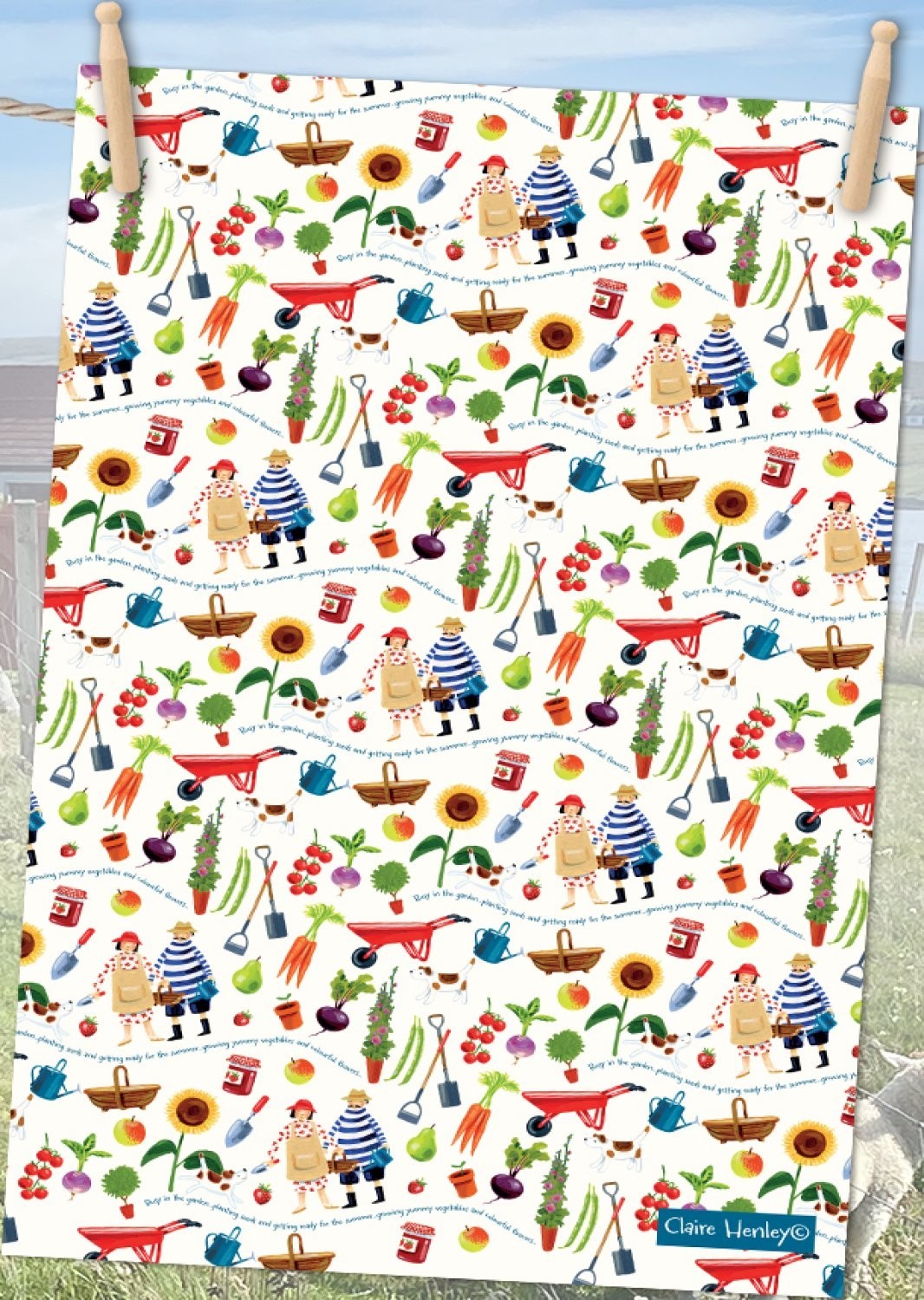 Emma Ball ""Claire Henley Gardening"", Pure cotton tea towel. Printed in the UK.