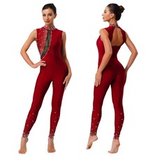 Women's Rhinestone Sleeveless Skating Jumpsuit Gymnastics Leotards Bodysuit