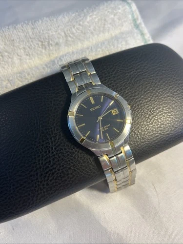 Seiko Watch Men 36mm Blue Dial Two Tone Date 7N32-0AK0 New Battery 9-18-25.