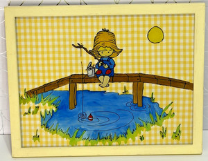 Vintage 1980 Original Holly Hobby Framed Art Work Glass Yellow Fishing USA EUC