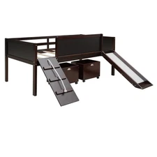 Twin size Loft Bed Wood Bed with Two Storage Boxes Espresso