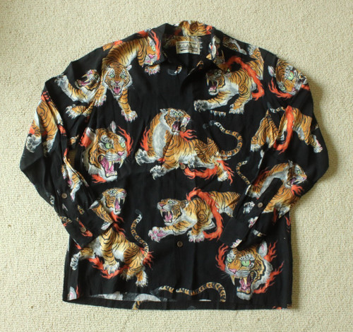 WACKO MARIA Tim Lehi Hawaiian Shirt Tiger Print Long Sleeve, Black, Small