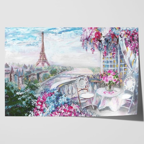 Paris Balcony Eiffel Tower Oil Painting Canvas Framed Print Picture Wall Art - Picture 12 of 29