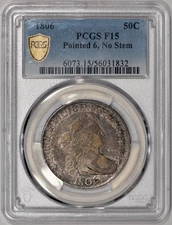 1806 Draped Bust Half Dollar 50c Pointed 6, No Stem PCGS F15 - Original!