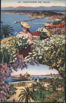 Nice, France Souvenir de Nice, Women with Flowers & City Views 1911 Postcard