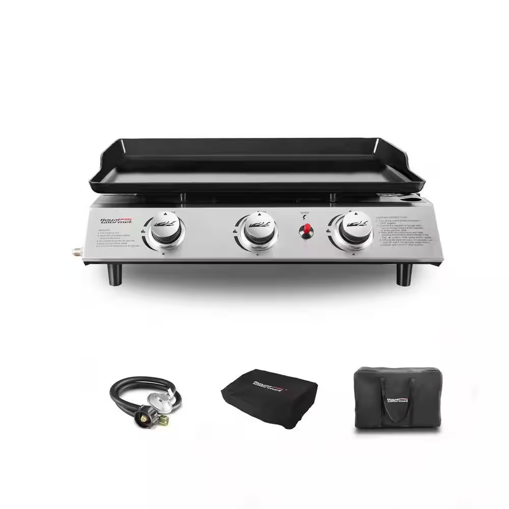 24 In. 3-Burner Flat Top Grill Portable Gas Griddle with Regulator, Cover and Ca