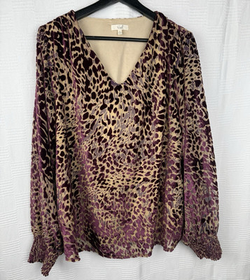 Pullover Blouse Womens L Animal Print Velvet Burnout Career Wear Boho Elevated
