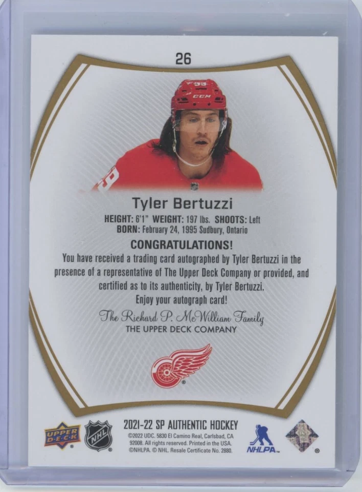 2021-22 SP Authentic limited auto Tyler Bertuzzi Auto Detroit Red Wings #26 - Image 2 of 2
