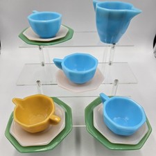 Antique Akro Agate Tea Set Little American Maid Blue Jade Pink Yellow Glass 12pc