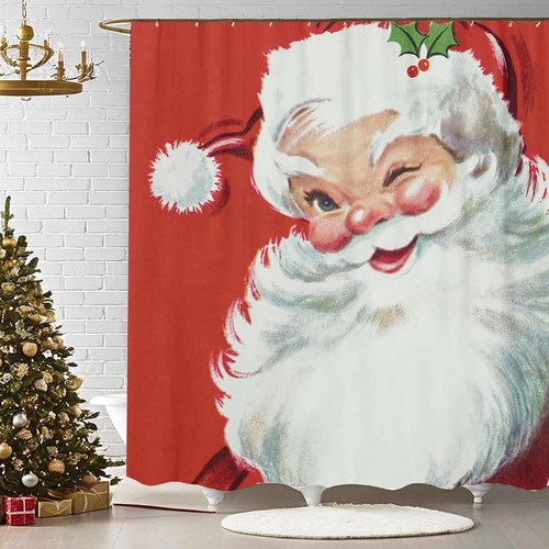 Christmas Shower Curtain Vintage Jolly Santa Claus Bathroom Holiday Home Decor - Picture 11 of 12