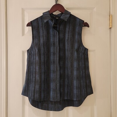 Athleta Tank Top Size Small Black Blue Stripe Sleeveless Button-Up Travel NWOT