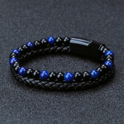 Blue Lapis Lazuli Black Tourmaline Vegan Leather Healing Fashion Men Bracelet