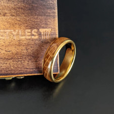 6mm Whiskey Barrel Ring Gold Wedding Band Mens Tungsten Ring with Wood Inlay