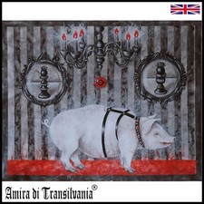 contemporary art painting portrait animal white pig chess gothic queen king aceo
