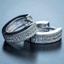 White Gold Plated Men's Small Sterling Silver Post Iced Cz Hoop Huggie Earrings