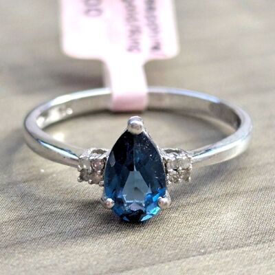 London Blue Topaz Diamond Ring 10K White Gold Pear Teardrop Cut