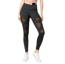 Yelete Active Black Mesh Cutout Leggings Black Small Media Pocket