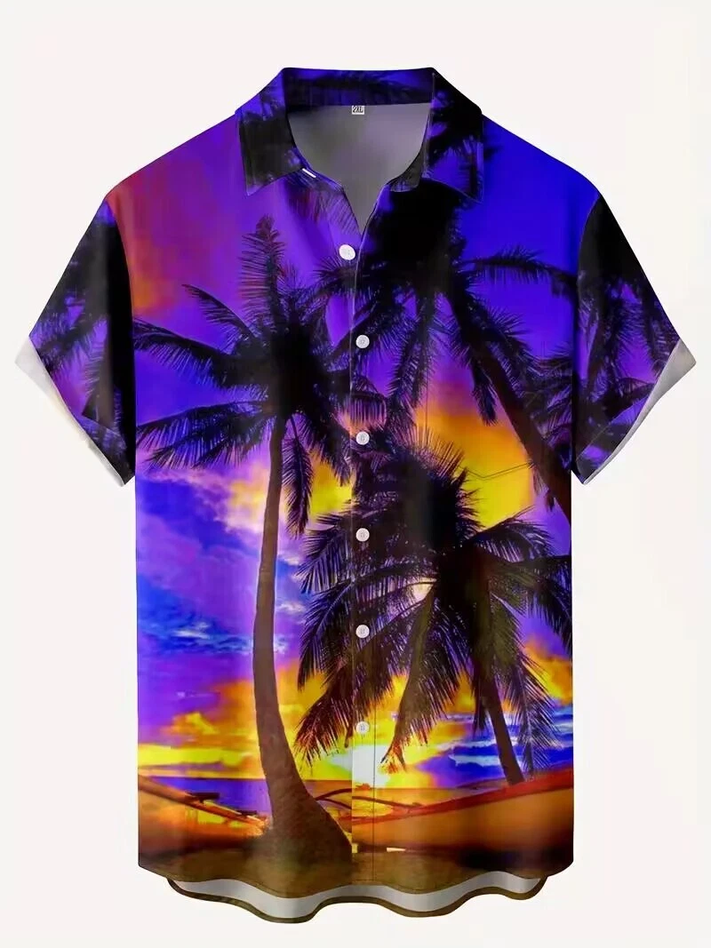 Plus Size Coconut Tree Sunset Print Hawaiian Shirt Button Up Big & Tall Shirt