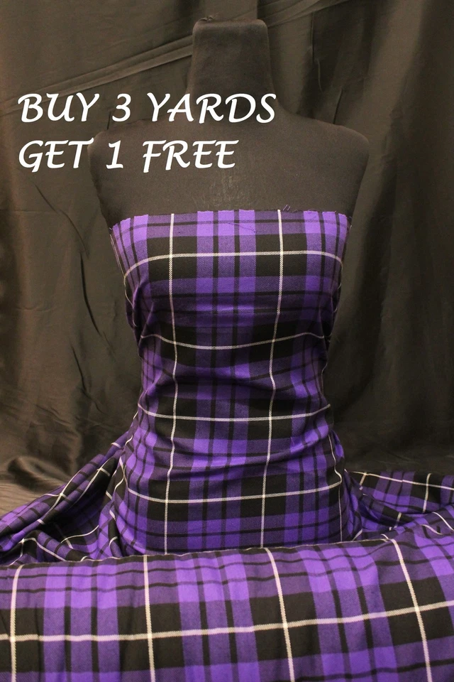 Genuine Purple Black Tartan Plaid Woven Poly-Viscose Craft Dress Fabric Material