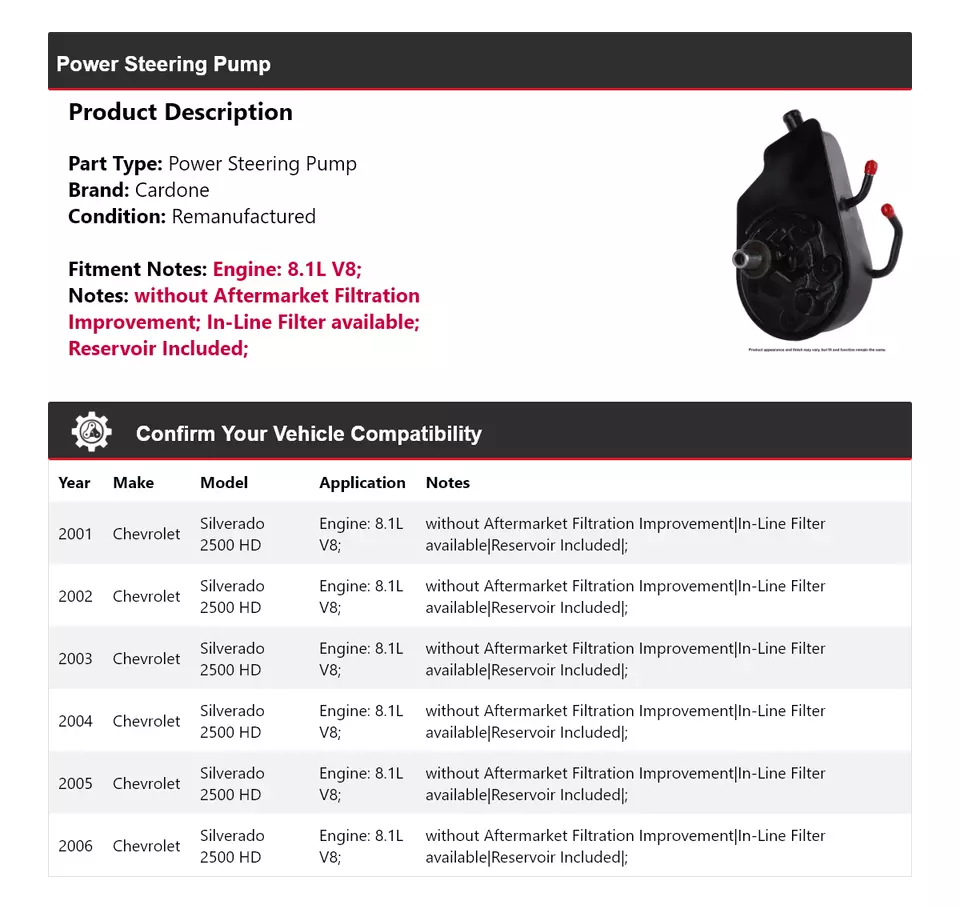 Насос гидроусилителя руля Cardone для Chevrolet Silverado 2500 HD 8,1 л V8 2001-2006 годов выпуска - Изображение 2 из 4