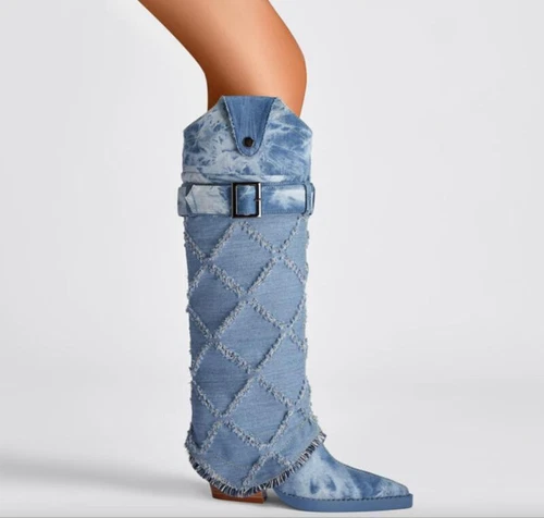 Mujeres Punta Punta Tacón Bloque Hasta la Rodilla Bota Denim Pantalones Bota Fiesta Borla Zapatos - Imagen 6 de 8